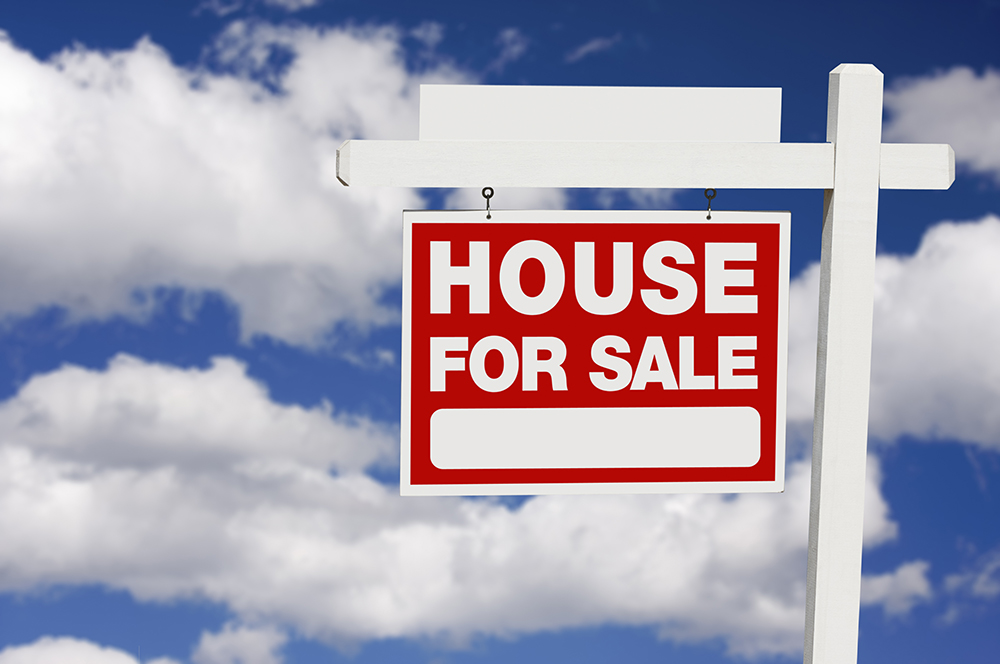 Home For Sale Real Estate Sign on Clouds with Blank Section.