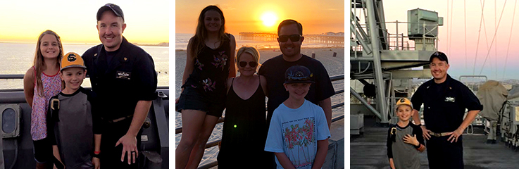 Three square photos of Brian with his family. All photos have a sunset in the background.